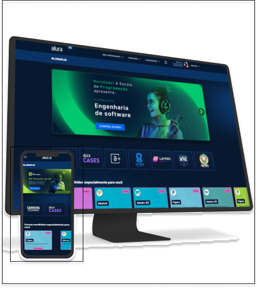 monitor e um celular com o alura plus aberto